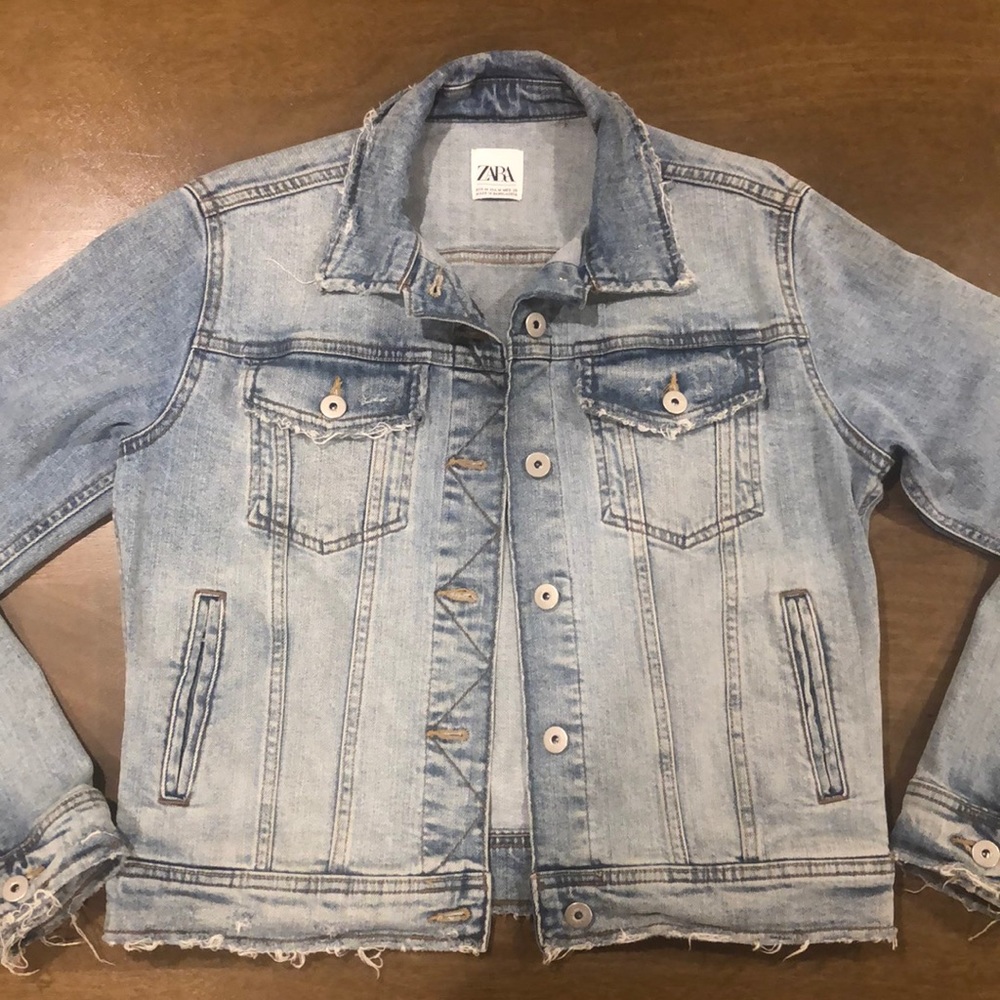 Zara Distressed Light Wash Denim Jacket